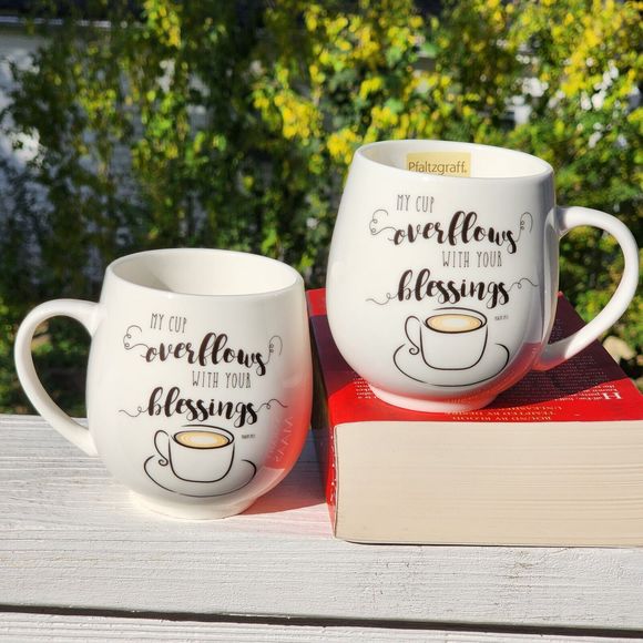 Set of 2 Ceramic Coffee Mug‎ Double Sided My Cup Overflows With Your Blessings - Picture 12 of 14